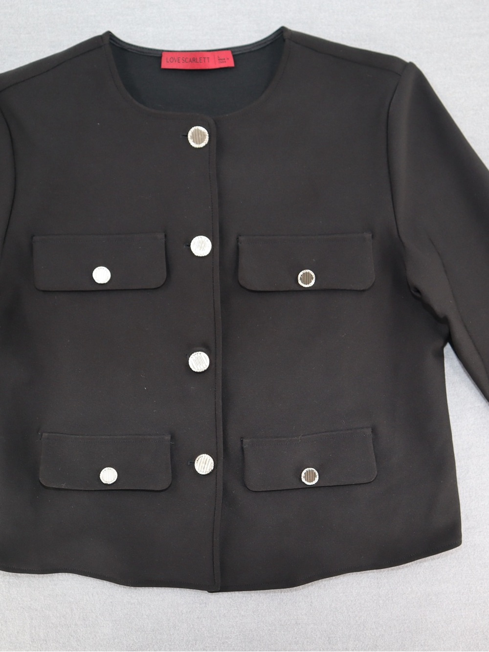 Scarlett Black Collarless Jacket with Silver Buttons